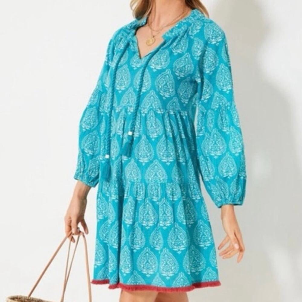 NWT Tuckernuck Tiered Beach Caftan Dress Tropical Teal Lantern Block Print